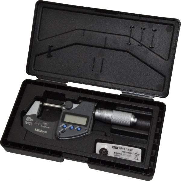 Mitutoyo - 0 to 1 Inch Range, 0.0001 Inch Resolution, Standard Throat, IP65 Electronic Outside Micrometer - 0.0001 Inch Accuracy, Ratchet Friction Thimble, Carbide Face, SR44 Battery, Plastic Case - Top Tool & Supply