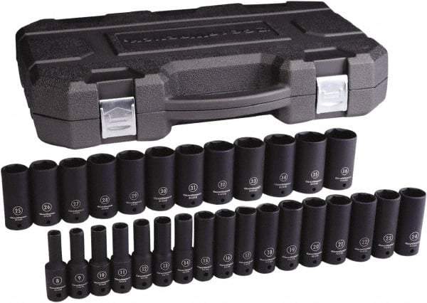 GearWrench - 29 Piece 1/2" Drive Black Finish Deep Well Impact Socket Set - 6 Points, 8mm to 36mm Range, Metric Measurement Standard - Top Tool & Supply