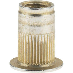 Value Collection - #8-32, 0.265 Insert Diam, 0.42" OAL, Knurled Body Open End Threaded Insert - 0.2656" Hole Diam, 0.39" Head Diam, 1008/1010 Steel, Clear Protective Coating & Zinc Yellow Dichromate Finish - Top Tool & Supply