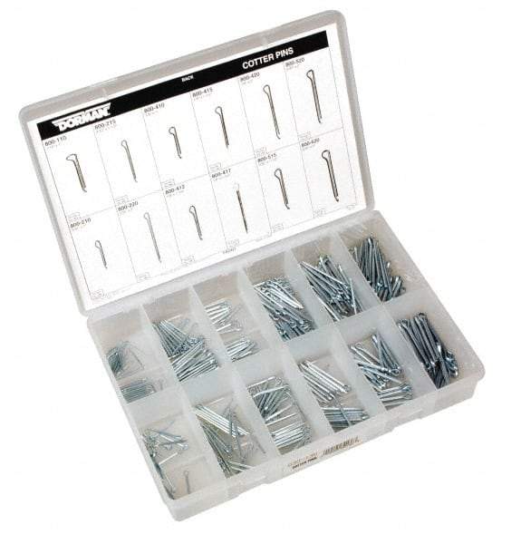 Dorman - 390 Piece, 1/16 to 3/16" Pin Diam, Spring Pin Assortment - 1 to 2" Long, Steel - Top Tool & Supply