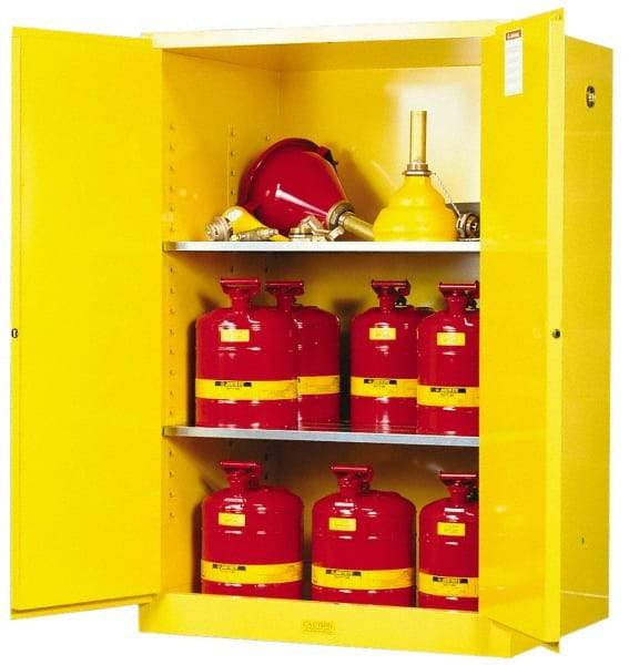 Justrite - 2 Door, 2 Shelf, Yellow Steel Standard Safety Cabinet for Flammable and Combustible Liquids - 65" High x 43" Wide x 34" Deep, Manual Closing Door, 3 Point Key Lock, 90 Gal Capacity - Top Tool & Supply