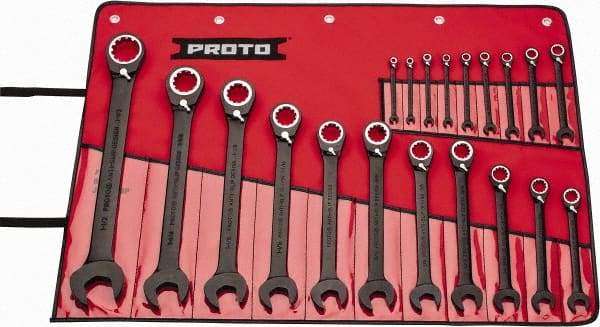 Proto - 20 Piece, 7/32" to 1-1/2", 12 Point Combination Wrench Set - Inch Measurement Standard, Black/Chrome Finish, Comes in Pouch - Top Tool & Supply