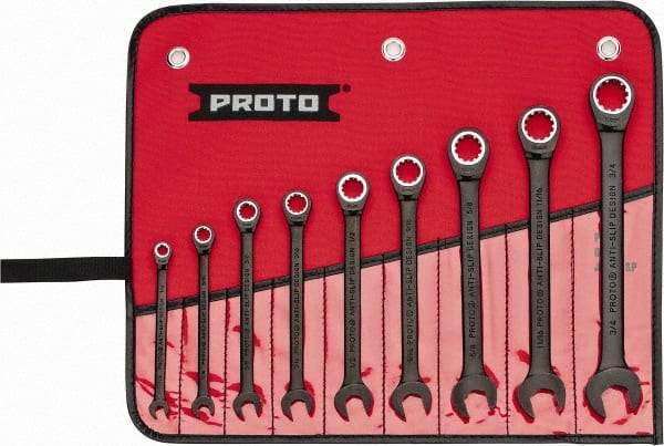 Proto - 9 Piece, 1/4" to 3/4", Ratcheting Combination Wrench Set - 12 Point, Black/Chrome Finish, Comes in Pouch - Top Tool & Supply