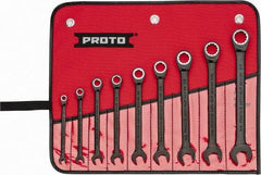 Proto - 9 Piece, 1/4" to 3/4", Ratcheting Combination Wrench Set - 12 Point, Black/Chrome Finish, Comes in Pouch - Top Tool & Supply