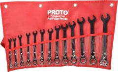 Proto - 13 Piece, 7mm to 19mm, 12 Point Combination Wrench Set - Metric Measurement Standard, Black/Chrome Finish, Comes in Pouch - Top Tool & Supply