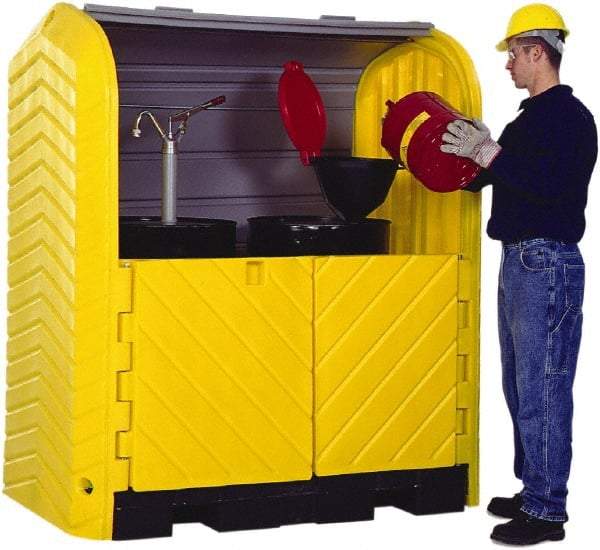 UltraTech - 41-1/4" Wide x 67-1/4" Deep x 74" High, Polyethylene Vertical Drum Cabinet - Yellow/Black, Roll Top & Swing-out Barn Style Door, 1 Shelf, 2 Drums - Top Tool & Supply