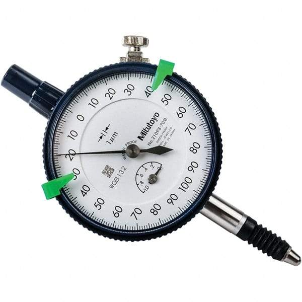 Mitutoyo - 1mm Range, 0-100-0 Dial Reading, 0.001mm Graduation Dial Drop Indicator - 57mm Dial, 0.2mm Range per Revolution, 0.005mm Accuracy, Revolution Counter - Top Tool & Supply