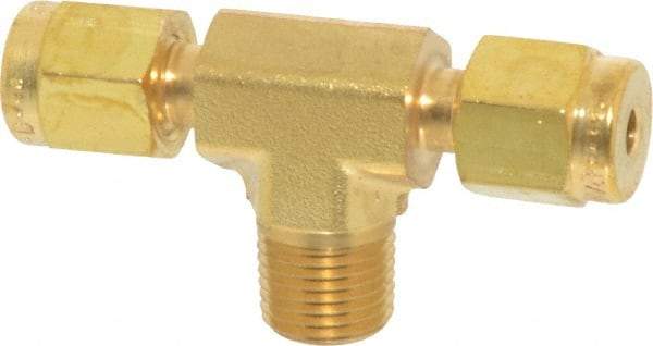 Parker - 1/8" OD, Brass Male Branch Tee - 3,600 Max Working psi, 7/16" Hex, Comp x Comp x MNPT Ends - Top Tool & Supply