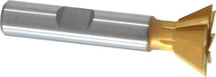 Made in USA - 3/4" Diam x 5/16" Width of Cut, 60° Included Angle, High Speed Steel Dovetail Cutter - 3/8" Shank Diam, 2-1/8" Overall Length, Weldon Flat, TiN Coated - Top Tool & Supply