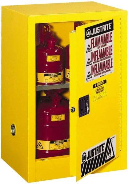 Justrite - 1 Door, 1 Shelf, Yellow Steel Space Saver Safety Cabinet for Flammable and Combustible Liquids - 35" High x 23-1/4" Wide x 18" Deep, Manual Closing Door, 12 Gal Capacity - Top Tool & Supply