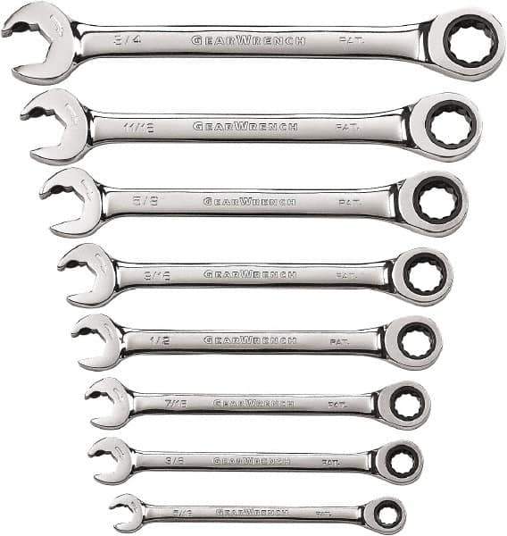 GearWrench - 8 Piece, 5/16" to 3/4", 12 Point Ratcheting Combination Wrench Set - Inch Measurement Standard, Chrome Finish - Top Tool & Supply