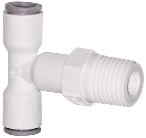 Parker - 1/4" OD, 3/8 NPTF, Bio-Sourced Nylon 11 Push-to-Connect Male Swivel Branch Tee - 230 Max psi, White - Top Tool & Supply