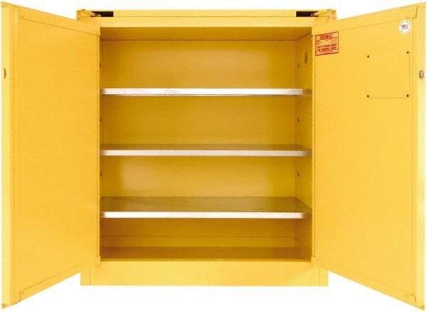 Securall Cabinets - 2 Door, 3 Shelf, Yellow Steel Standard Safety Cabinet for Flammable and Combustible Liquids - 46" High x 43" Wide x 18" Deep, Self Closing Door, 3 Point Key Lock, 40 Gal Capacity - Top Tool & Supply