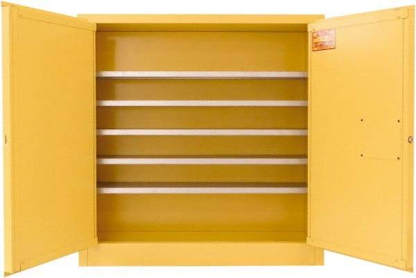 Securall Cabinets - 2 Door, 5 Shelf, Yellow Steel Wall Mount Safety Cabinet for Flammable and Combustible Liquids - 44" High x 43" Wide x 12" Deep, Manual Closing Door, 3 Point Key Lock, 24 Gal Capacity - Top Tool & Supply