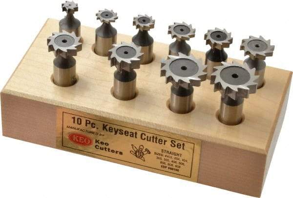 Keo - 3/8 to 1" Cutting Diam, Straight Tooth Configuration, Woodruff and Keyseat Cutter Set - 204 to 808 ANSI, High Speed Steel, 10 Pieces - Top Tool & Supply