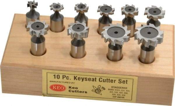 Keo - 1/2 to 1" Cutting Diam, Staggered Tooth Configuration, Woodruff and Keyseat Cutter Set - 204 to 808 ANSI, High Speed Steel, 10 Pieces - Top Tool & Supply