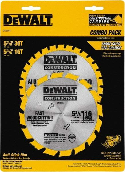 DeWALT - 5-3/8" Diam, 0.3937" Arbor Hole Diam, 16 & 30 Tooth Wet & Dry Cut Saw Blade - Tungsten Carbide-Tipped, Fast Cutting Action, Diamond Arbor - Top Tool & Supply