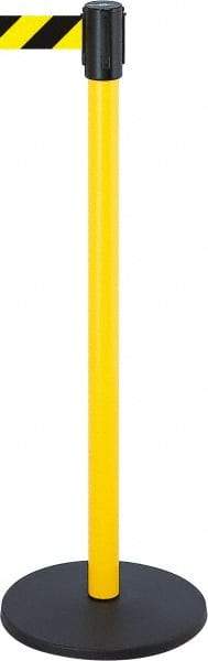 Tensator - 38-1/2" High, 2" Pole Diam, Tensabarrier Post - 13-1/2" Base Diam, Round Stainless Steel Base, Yellow 7-1/2' Tape - Top Tool & Supply