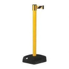 Tensator - 38-1/4" High, 2-1/2" Pole Diam, Tensabarrier Post - 19" Base Diam, UPVC Base, Yellow Plastic Post, 7-1/2' Tape, Single Line Tape, For Outdoor Use - Top Tool & Supply