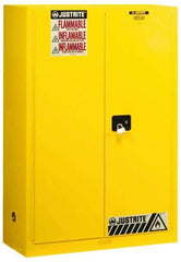 Justrite - 2 Door, 2 Shelf, Yellow Steel Standard Safety Cabinet for Flammable and Combustible Liquids - 65" High x 43" Wide x 18" Deep, Manual Closing Door, 3 Point Key Lock, 45 Gal Capacity - Top Tool & Supply