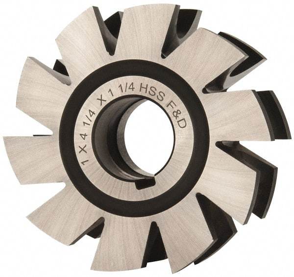 Made in USA - 1/2" Radius, 1" Circle Diam, 4-1/4" Diam x 1.572" Wide Cut, High Speed Steel Concave Radius Cutter - 4-1/4" OAL, Arbor Connection, Uncoated, Form Relieved, 10 Teeth - Top Tool & Supply