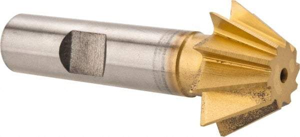 Made in USA - 1" Diam x 7/16" Width of Cut, 60° Included Angle, Shank Connection, High Speed Steel Single Angle Cutter - 1/2" Shank Diam, 2-1/2" Overall Length, Right Hand Cut, TiN Coated - Top Tool & Supply