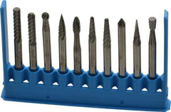 Made in USA - 10 Piece, 1/8" Shank Burr Set - Tungsten Carbide - Top Tool & Supply