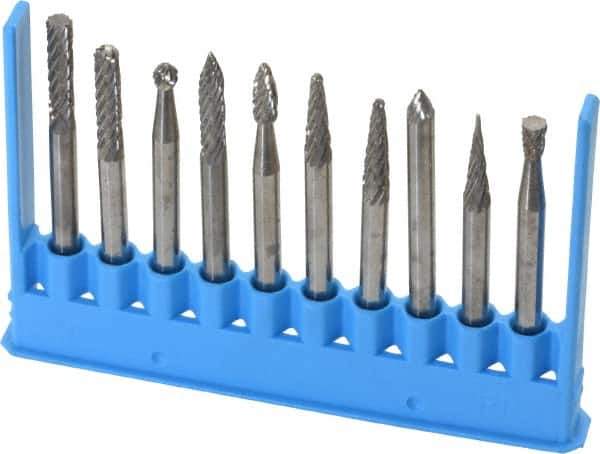 Made in USA - 10 Piece, 1/8" Shank Burr Set - Tungsten Carbide - Top Tool & Supply