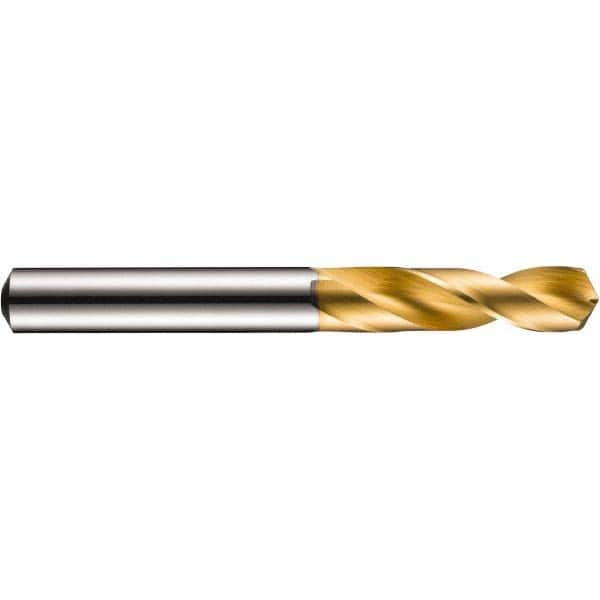 Screw Machine Length Drill Bit: 0.1378″ Dia, 130 °, Solid Carbide TiN Finish, Right Hand Cut, Spiral Flute, Straight-Cylindrical Shank, Series R520