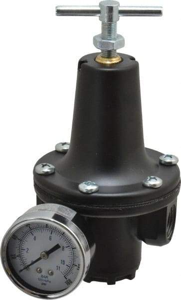 Parker - 1/2 NPT Port, 300 CFM, Zinc Heavy-Duty T-Handle Regulator - 2 to 125 psi Range, 300 Max psi Supply Pressure, 1/4" Gauge Port Thread, 3-1/2" Wide x 6-3/4" High - Top Tool & Supply