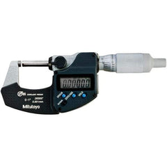 Mitutoyo - 0 to 1" Range, 0.00005" Resolution, Standard Throat IP65 Electronic Outside Micrometer - 0.00005" Accuracy, Ratchet Stop Thimble, Carbide-Tipped Face, SR44 Battery - Top Tool & Supply