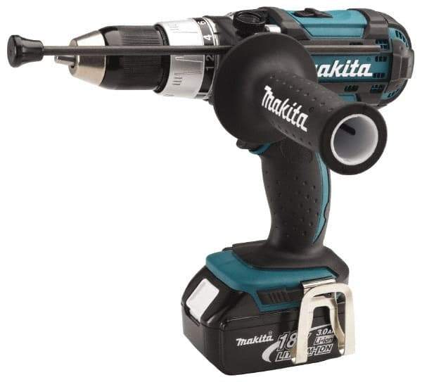 Makita - 18 Volt 1/2" Keyless Chuck Cordless Hammer Drill - 0 to 30,000 BPM, 0 to 400 & 0 to 1,700 RPM, Reversible, Pistol Grip Handle - Top Tool & Supply