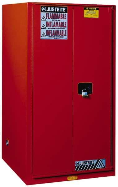 Justrite - 2 Door, 5 Shelf, Red Steel Standard Safety Cabinet for Flammable and Combustible Liquids - 65" High x 34" Wide x 34" Deep, Manual Closing Door, 3 Point Key Lock, 96 Gal Capacity - Top Tool & Supply