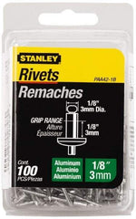 Stanley - Button Head Aluminum Color Coded Blind Rivet - Aluminum Mandrel, 0.062" to 1/8" Grip, 1/4" Head Diam, 0.125" to 0.133" Hole Diam, 0.275" Length Under Head, 1/8" Body Diam - Top Tool & Supply