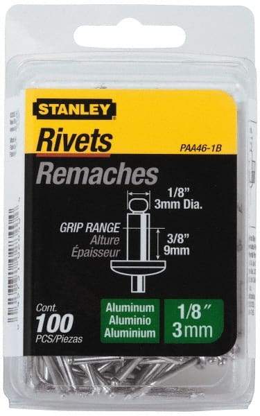 Stanley - Aluminum Color Coded Blind Rivet - Aluminum Mandrel, 0.313" to 3/8" Grip, 1/4" Head Diam, 0.125" to 0.133" Hole Diam, 0.525" Length Under Head, 1/8" Body Diam - Top Tool & Supply