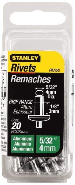 Stanley - Aluminum Color Coded Blind Rivet - Aluminum Mandrel, 0.031" to 1/8" Grip, 5/16" Head Diam, 0.156" to 0.164" Hole Diam, 0.3" Length Under Head, 5/32" Body Diam - Top Tool & Supply