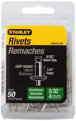 Stanley - Aluminum Color Coded Blind Rivet - Aluminum Mandrel, 0.188" to 1/4" Grip, 5/16" Head Diam, 0.156" to 0.164" Hole Diam, 0.425" Length Under Head, 5/32" Body Diam - Top Tool & Supply