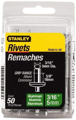 Stanley - Aluminum Color Coded Blind Rivet - Aluminum Mandrel, 1/2" to 5/8" Grip, 3/8" Head Diam, 0.188" to 0.196" Hole Diam, 0.825" Length Under Head, 3/16" Body Diam - Top Tool & Supply