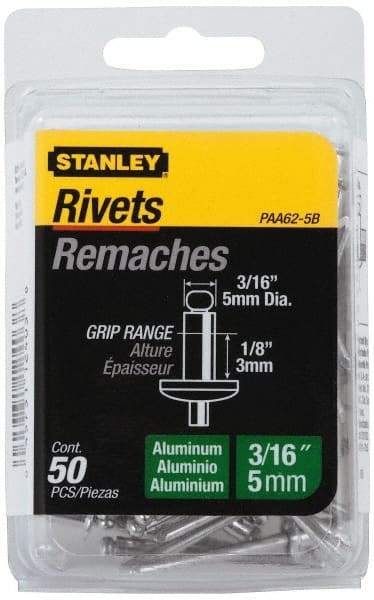 Stanley - Aluminum Color Coded Blind Rivet - Aluminum Mandrel, 0.032" to 1/8" Grip, 3/8" Head Diam, 0.188" to 0.196" Hole Diam, 0.325" Length Under Head, 3/16" Body Diam - Top Tool & Supply