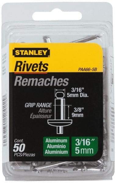 Stanley - Aluminum Color Coded Blind Rivet - Aluminum Mandrel, 0.313" to 3/8" Grip, 3/8" Head Diam, 0.188" to 0.196" Hole Diam, 0.575" Length Under Head, 3/16" Body Diam - Top Tool & Supply