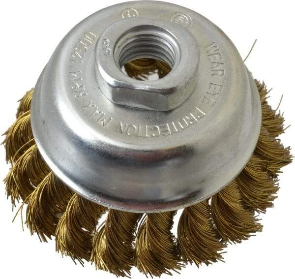 Value Collection - 2-3/4" Diam, 5/8-11 Threaded Arbor, Brass Fill Cup Brush - 0.014 Wire Diam, 3/4" Trim Length, 12,500 Max RPM - Top Tool & Supply