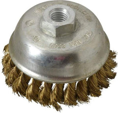 Value Collection - 4" Diam, 5/8-11 Threaded Arbor, Brass Fill Cup Brush - 0.014 Wire Diam, 7/8" Trim Length, 8,500 Max RPM - Top Tool & Supply