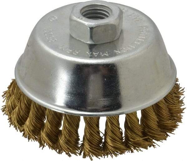 Value Collection - 4" Diam, 5/8-11 Threaded Arbor, Brass Fill Cup Brush - 0.02 Wire Diam, 7/8" Trim Length, 8,500 Max RPM - Top Tool & Supply