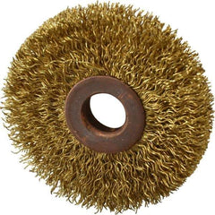 Value Collection - 2-1/2" OD, 1/2" Arbor Hole, Crimped Brass Wheel Brush - 3/8" Face Width, 3/4" Trim Length, 0.014" Filament Diam, 15,000 RPM - Top Tool & Supply