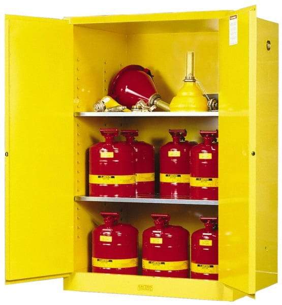 Justrite - 2 Door, 2 Shelf, Yellow Steel Standard Safety Cabinet for Flammable and Combustible Liquids - 65" High x 43" Wide x 34" Deep, Self Closing Door, 90 Gal Capacity - Top Tool & Supply