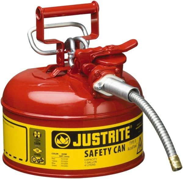 Justrite - 1 Gal Galvanized Steel Type II Safety Can - 10-1/2" High x 9-1/2" Diam, Red with Yellow - Top Tool & Supply