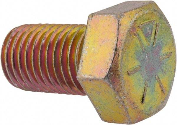 Made in USA - 7/8-9 UNC, 1-1/2" Length Under Head Hex Head Cap Screw - Fully Threaded, Grade 8 Alloy Steel, Zinc Yellow Dichromate Finish, 1-5/16" Hex - Top Tool & Supply