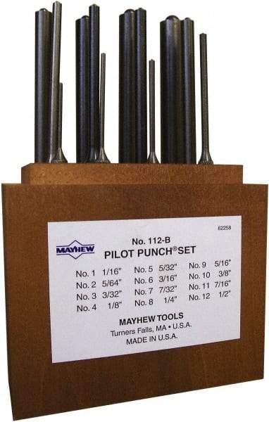 Mayhew - 12 Piece, 1/16 to 1/2", Roll Pin Punch Set - Round Shank, Alloy Steel, Comes in Wood Box - Top Tool & Supply