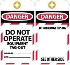 NMC - 3" High x 6" Long, DANGER - DO NOT OPERATE - EQUIPMENT TAG-OUT, English Safety & Facility Lockout Tag - Tag Header: Danger, 2 Sides, Black, Red & White Unrippable Vinyl - Top Tool & Supply