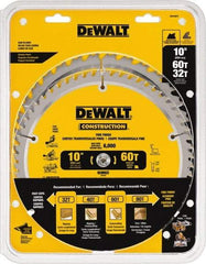 DeWALT - 10" Diam, 5/8" Arbor Hole Diam, 32 & 60 Tooth Wet & Dry Cut Saw Blade - Carbide-Tipped, Fine Finish & General Purpose Action, Standard Round Arbor - Top Tool & Supply